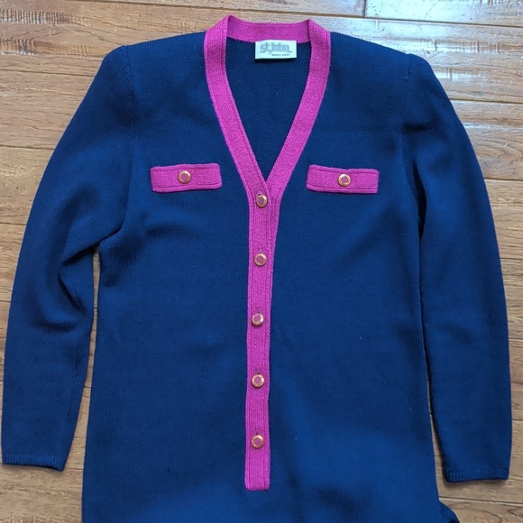 St. John Vintage Navy and Pink Button-Up Knit Sweater Dress - Picture 10 of 11